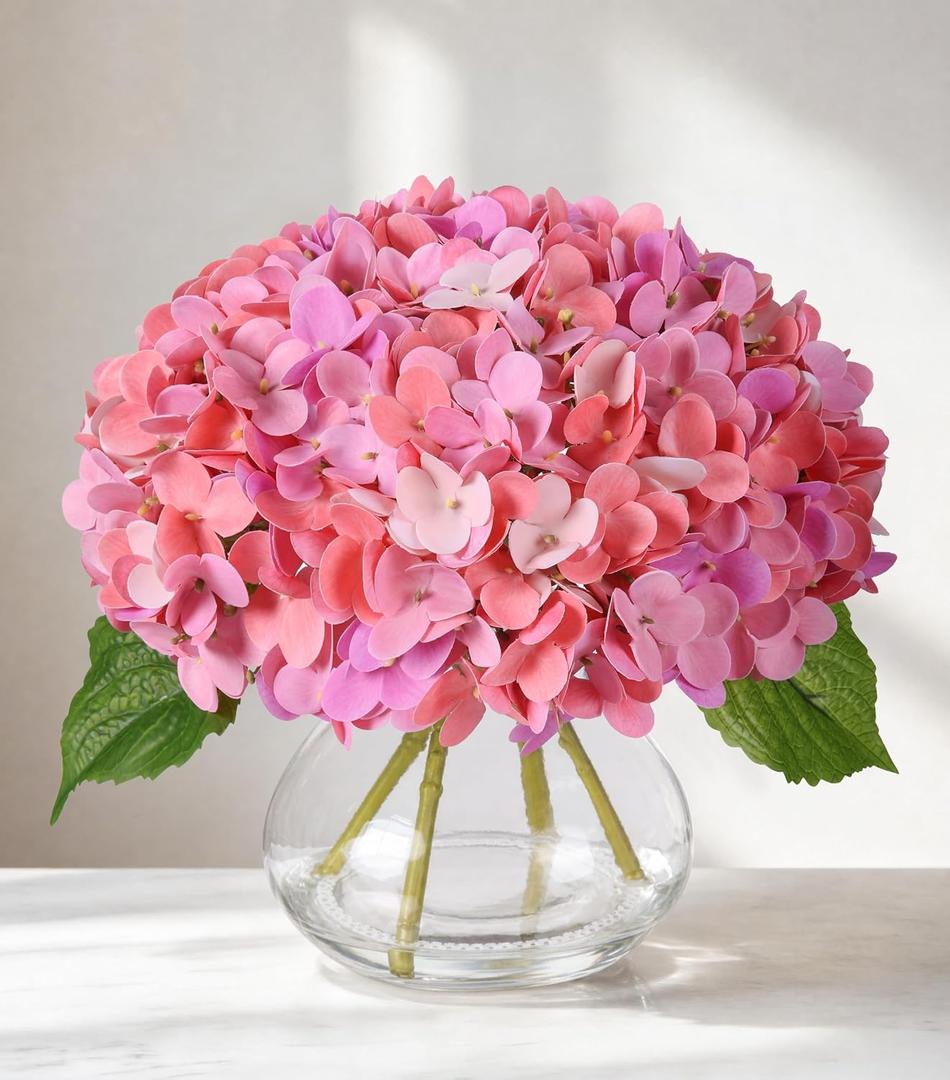Real Touch Faux Hydrangea Flowers in Glass Vase, No Watering Needed Silk Hydrangea Artificial Flowers for Farmhouse Wedding Decor Dining Table Centerpiece Bedroom Decor