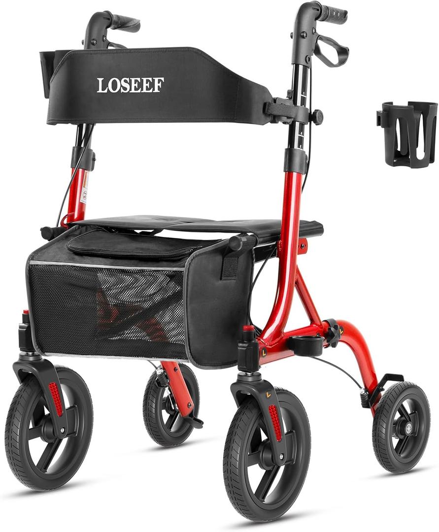 Rollator Walkers for Seniors, 10" Big Rubber Wheels All Terrain Rollator Walker with Adjustable Backrest and Handles, 350 Lbs, Cup Cane Holder, Foldable Lightweight Walker with Seat for Seniors Red