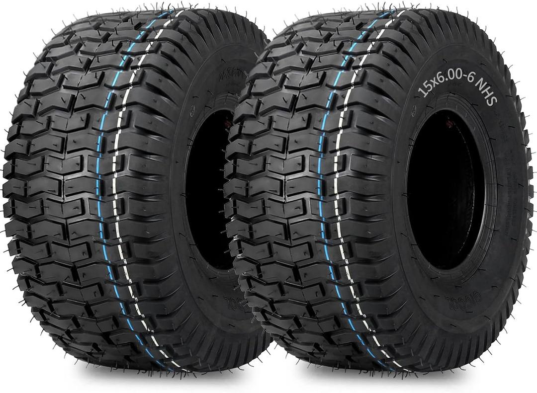 GICOOL 15x6.00-6 Lawn Mower Tubeless Tire, 15x6-6 for Tractor Riding Lawn Mowers Front Tire, 2 Pcs, 4 Ply, Turf-V Pattern