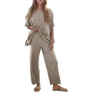 Tankaneo Women's 2 Piece Travel Outfits Casual Short Sleeve Knit Sweater Set Wide Leg Pants Lounge Sets Tracksuit (Medium, Khaki)