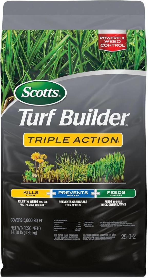 Scotts Turf Builder Triple Action1, Combination Weed Control, Weed Preventer, and Fertilizer, 25-0-2, 5,000 sq. ft., 14.10 lbs. (EXP 07/07/26)