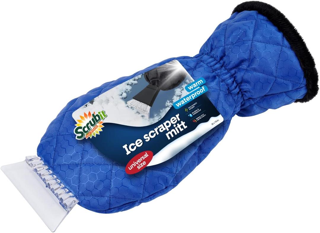 SCRUBIT Ice Scraper with Glove - Car Windshield Scraper for Ice and Snow w/Fleece Mitt - Quickly Scrape and Remove Snow While Staying Warm - Waterproof & Windproof - Car Scraper Snow Brush (Blue)