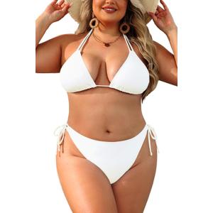 Daci Women Plus Size Triangle Bikini Sets Two Piece Double Straps Halter Swimsuit Side Tie String Sexy Bathing Suits (White) 16W