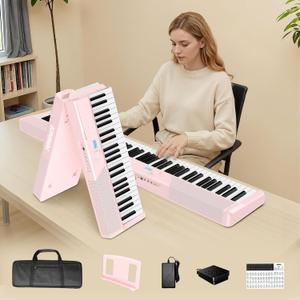 TERENCE V50 Portable 88 Key Weighted Keyboard,Upgraded Foldable Keyboard Piano 88 Keys with 2*15W Speakers,Touch-Sensitive Panel,Video&Audio Recording,MIDI,Pedal Support for Beginners&Advancer(Pink)