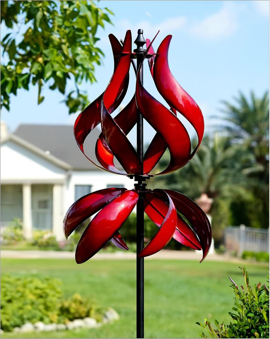 Yard Garden Wind Spinners - Large Outdoor Metal Wind Spinners with Stake, Yard Art Lawn Garden Decor (19" W x 87" H) (Large Red Tulip)