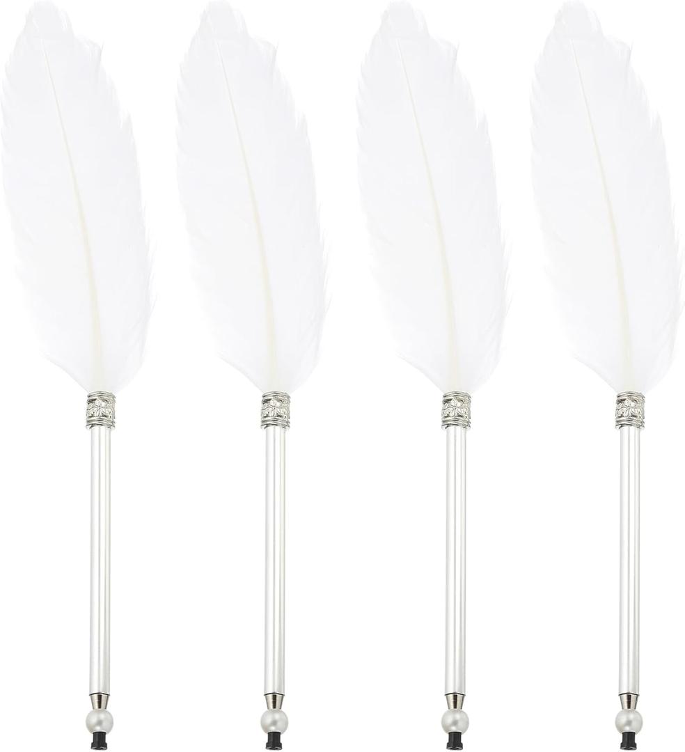 PATIKIL 4 Pcs Feather Ballpoint Pen, Fluffy Vintage Ink Quill Pen Refined Plated Rod Quill Pen for Calligraphy Writing Signature Guest Wedding Gift, White