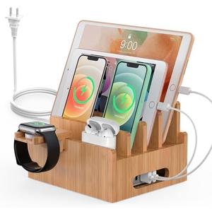 Pezin & Hulin Bamboo Charging Station for Multiple Devices with 5 Port USB Charger, 5 Cables, Smart Watch & Earbuds Stand, Desk Docking Stations Electronic Organizer for Cell Phone, Tablet, With Charger