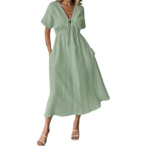 Chouyatou Women's Summer Boho V-Neck Cotton Tunic Dress Casual Loose Short Sleeve Midi Long Beach Dress (Green, XL)