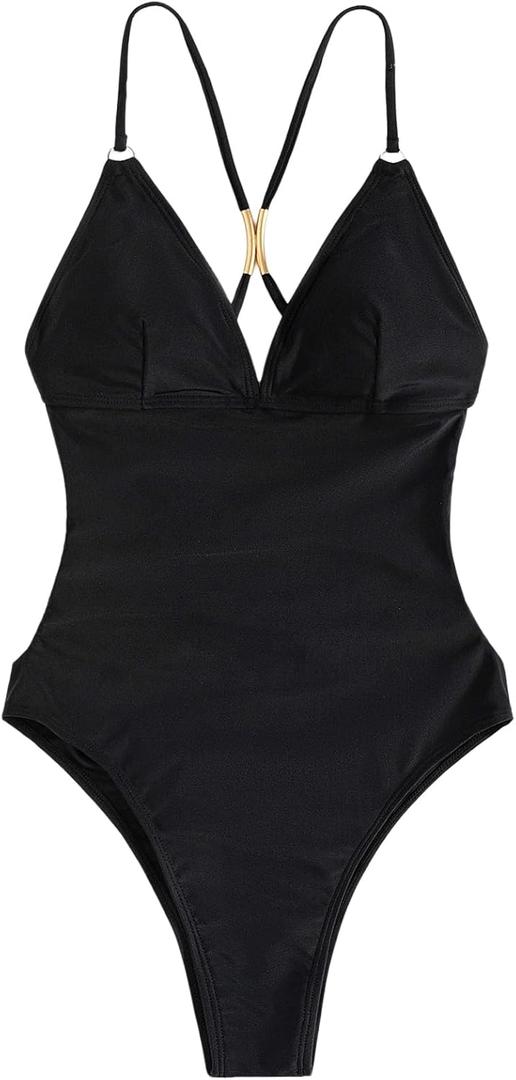 Milumia Women's One Piece Criss Cross V Neck Backless Swimwear Swimsuits (Medium, Black)