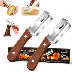 3-in-1 Multifunctional Vegetable Peeler for Kitchen, Sharp Stainless Steel Blade with Wooden Handle, Scallion Shredder and Bottle Opener Fruit and Vegetables. 2Pcs