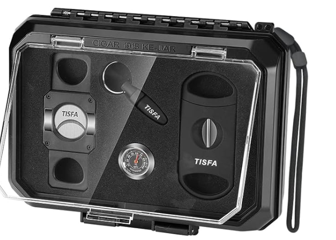 TISFA Cigar Humidor Set Travel Humidor Includes 2 Multifunctional Cutters, Hole Punch, Humidifier, Hygrometer, Portable Cedar Wood Lined Cigar Box Holder Case Gifts for Men (Black)