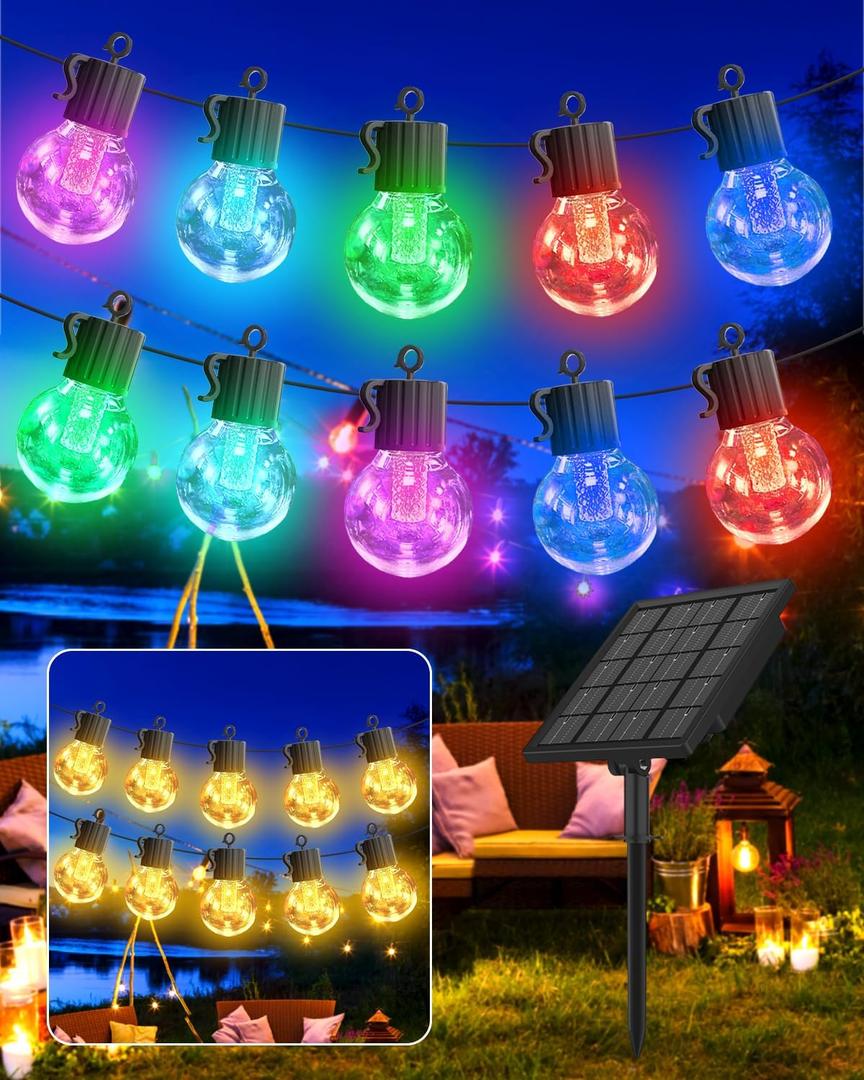 Solar String Lights Outdoor Waterproof,50FT 25LEDs Warm White & Multicolor Hanging Lights G40 Globe Solar Powered String Lights Outdoor with 8 Modes,Timer,Solar String Light for Outside Patio Yard