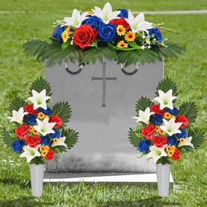 Yastouay 3 Sets Artificial Cemetery Flowers for Grave, Realistic Headstone Flower Saddle, Rose Lily Flowers for Memorial Cemetery Grave Tombstone Decorations (Red White Blue) Yastouay 3 Sets Artificial Cemetery Flowers for Grave, Realistic Headstone Flower Saddle, Rose Lily Flowers for Memorial Cemetery Grave Tombstone Decorations (Red White Blue)