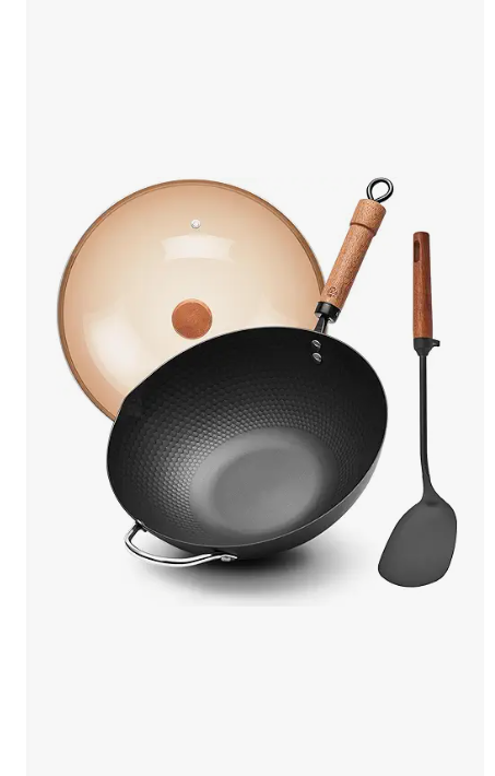 WANGYUANJI Carbon Steel Wok with Lid, 12.6" Hammered Stir Fry Pan with Helper Handle & Iron Spatula, Thickened Heavy Duty Flat Bottom Wok for Induction, Electric & Gas Stoves, Metal Utensil Safe