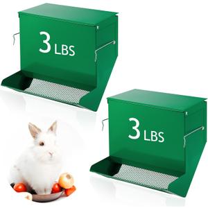 Maxcheck 2 Pcs Rabbit Feeder for Cages Small Animal Food Pellet Dispenser with Lid Metal Chicken Grit Oyster Shell Squirrel Feeders Outside(7.7 Inches,Mesh Bottom,Green)