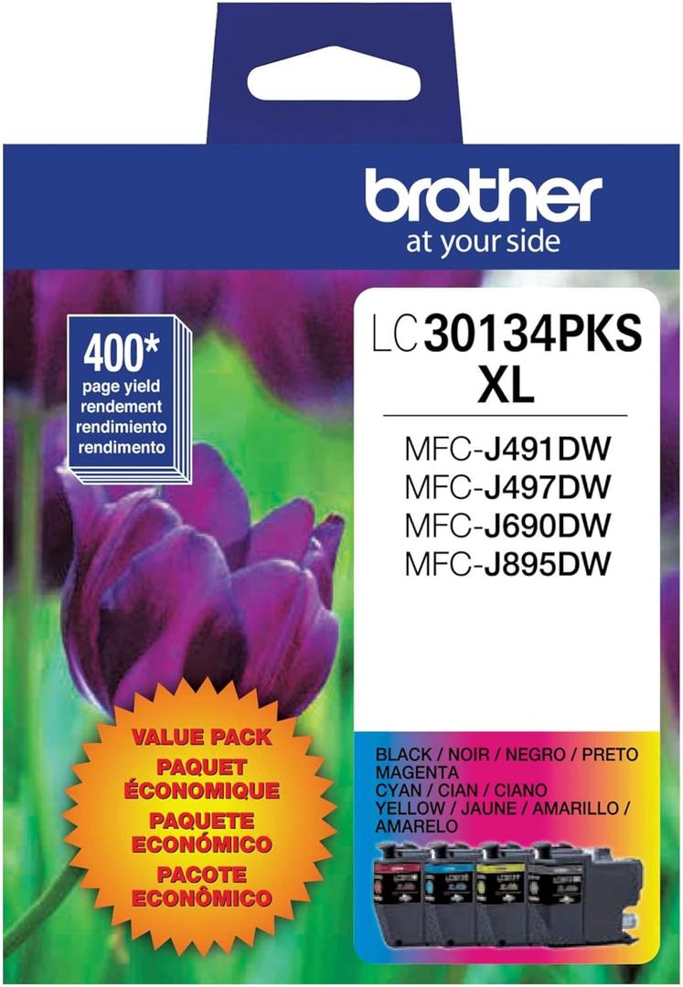 Brother Printer Genuine LC30134PKS 4-Pack High Yield Color Ink Cartridges, Page Yield Up to 400 Pages/Cartridge, Includes Black, Cyan, Magenta and Yellow, LC3013