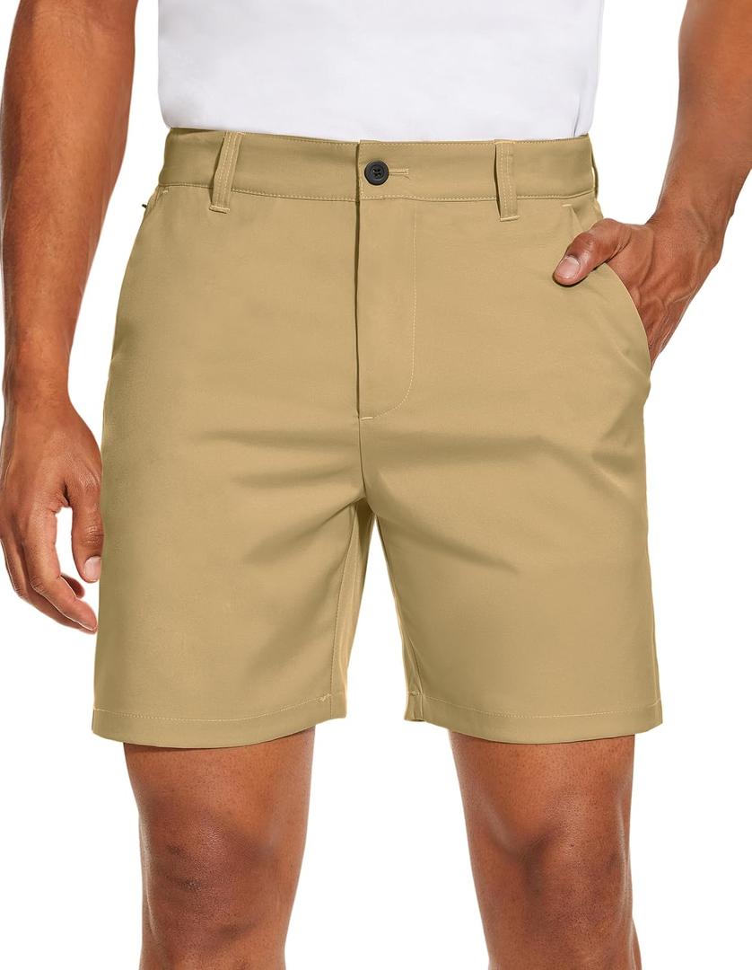 PULI Men's Golf Dress Shorts Flat Front Hybrid 7 Inch Lightweight Quick Dry Chino Casual with Pockets (Beige)