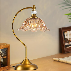 Vintage Table Lamp with a Floral Amber Glass Shade, A Plug-in Nightstand Lamp in Matte Brass Finish for Bedroom, Living Room,Office, and Desk