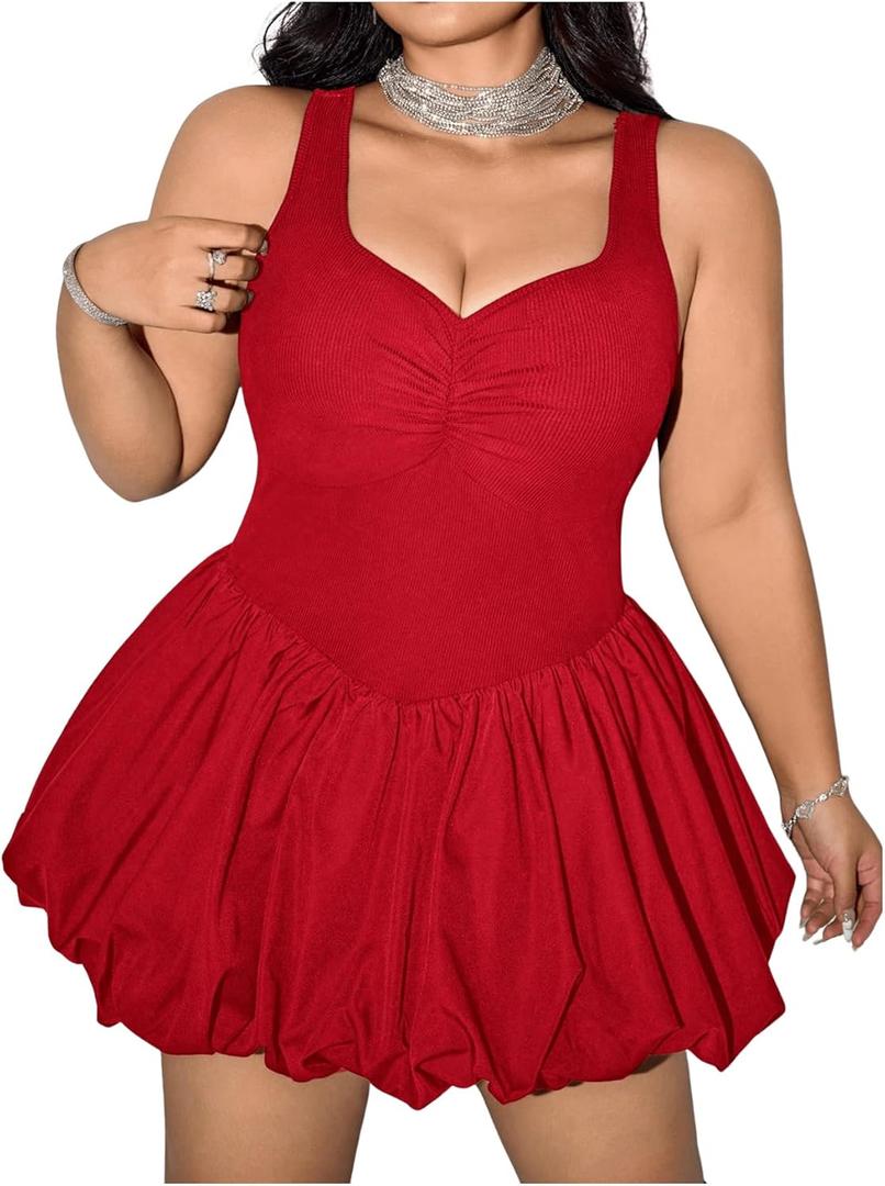 Milumia Women's Plus Size Ruched Bubble Mini Dress Sleeveless A Line Party Club Short Dresses (Red, XL)