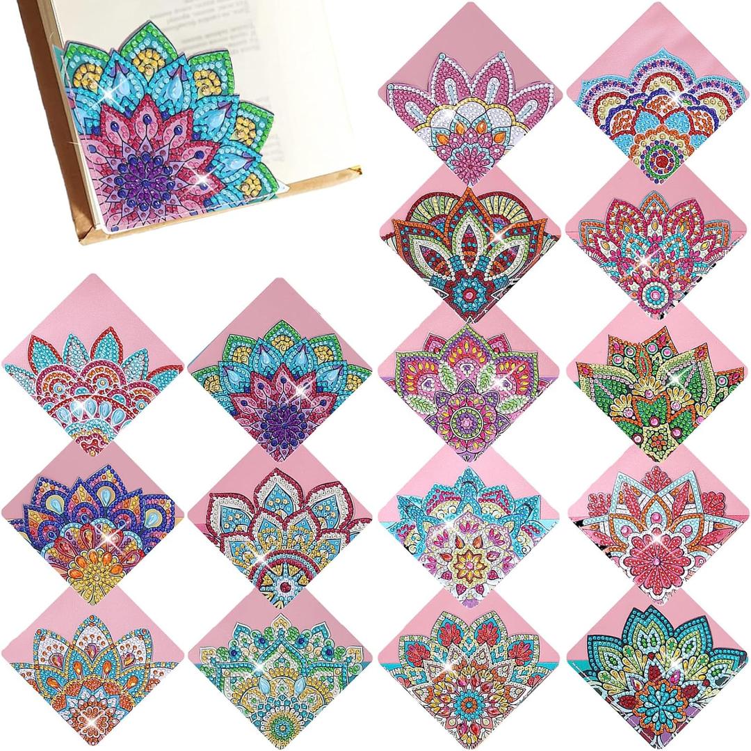 16 Pcs Diamond Painting Bookmark, DIY Corner Book Makers for Book Lovers, Diamond Art Beginners, Small Diamond Art Kits, Paint by Art Crafts Supplies Gift for Women Girls (Mandala)