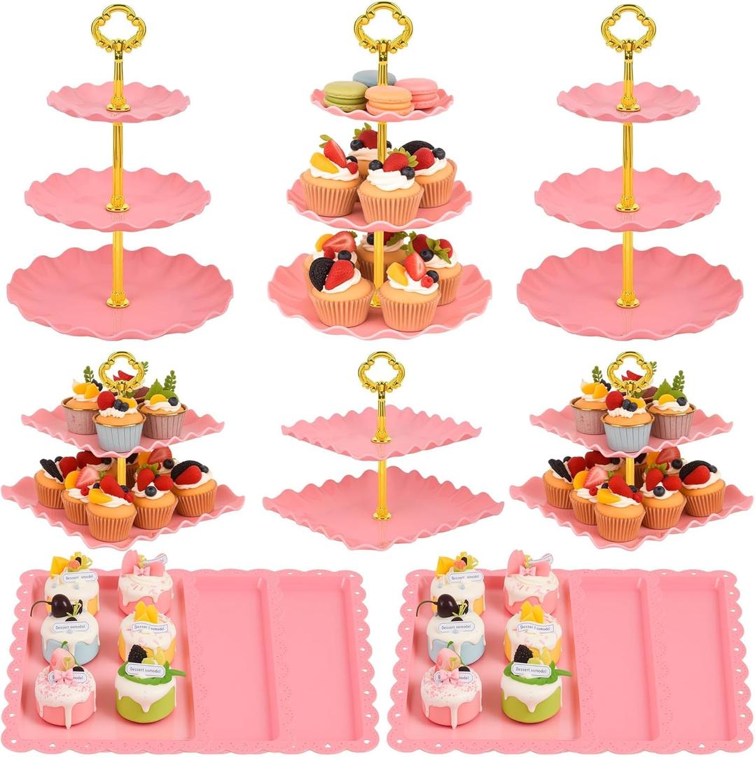 DIDROOM 12-Pack Dessert Table Display Set, 6 Cupcake Stands and 6 dessert tray, made of plastic Dessert Display Stands, Ideal for Wedding Baby Shower Tea Party, Easy to Clean and Assemble (Pink)