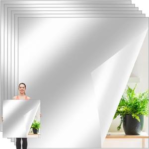 Queekay 6 Pcs Home Gym Mirrors 24'' x 24'' Acrylic Wall Mirror Tiles Sheets 2mm Thick Self Adhesive Frameless Wall Mounted Decor for Workout Bedroom Ceiling