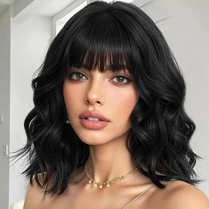BATISI Black Wavy Wig with Bangs Soft Short Bob Wigs for Women Synthetic Shoulder Length Women's Curly Wigs for Costumes Cosplay Daily (14 Inch)