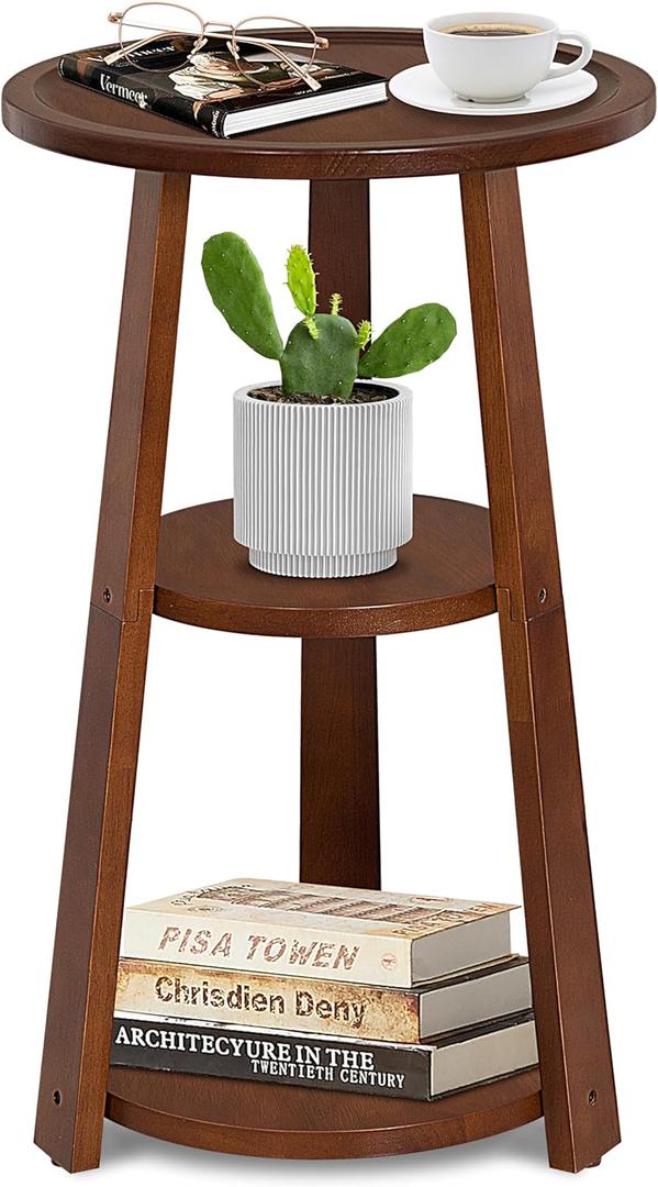 3-Tier Round Side Table, Solid Wood End Table & Nightstand for Small Spaces, Compact Accent Table for Living Room, Bedroom, Office (Red Brown Finish)