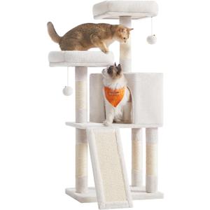 Feandrea Cat Tree, 45.3-Inch Cat Tower, Plush Condo with Scratching Post, Ramp, Perch, Spacious Cave, for Small Space, Cream White UPCT141W02