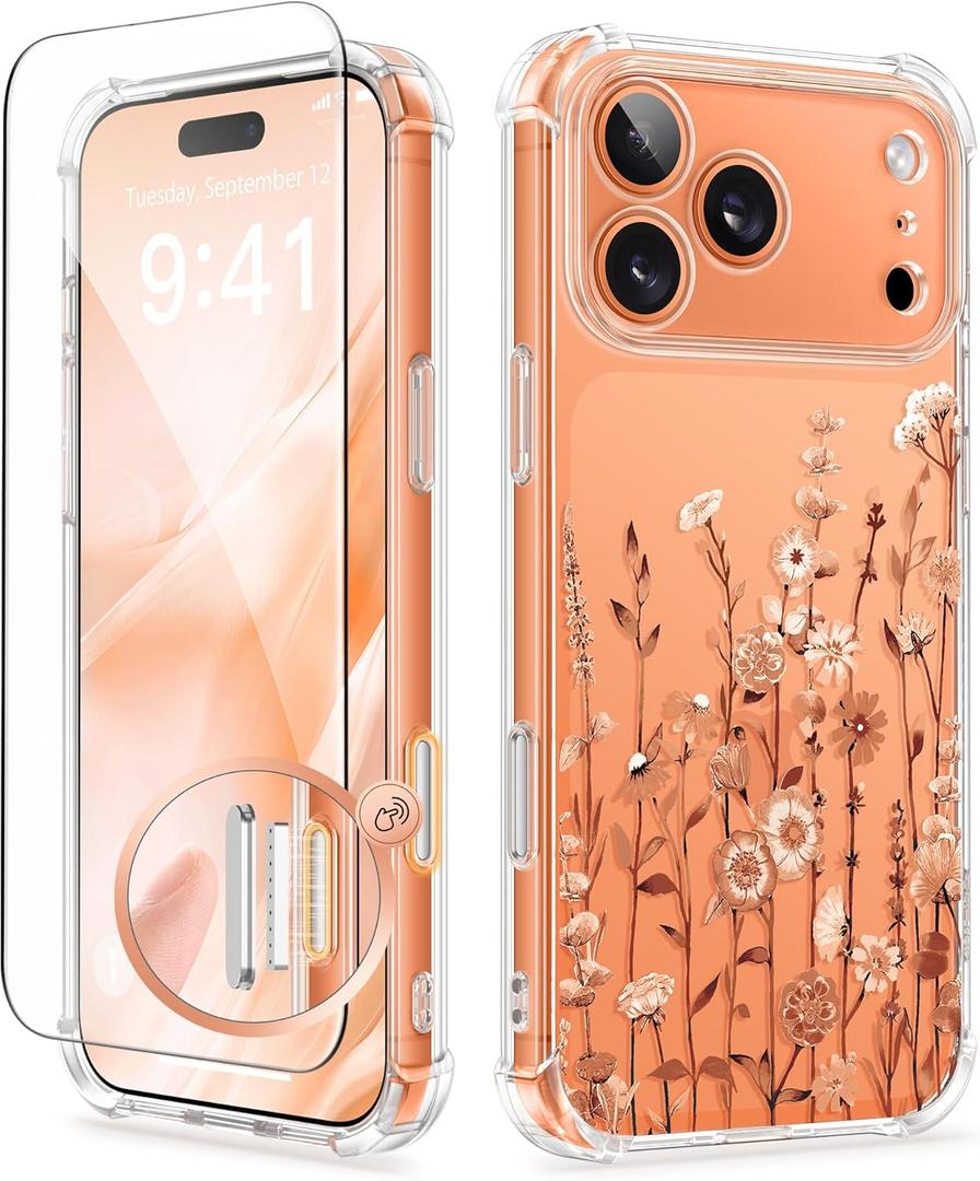 GVIEWIN for iPhone 17 Pro Case with Screen Protector, Upgraded [Full Camera Protection] [Non Yellowing] Floral Slim Shockproof Clear Women Phone Cover for iPhone 17 Pro 6.3" (Floratopia/Orange)