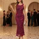 Women's Sleeveless Floral Bodycon Slit Midi Wedding Guest Cocktail Dress (Red, S)