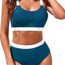 Women's High Waisted Bikini Sets Sporty Crop Top Color Block Swimwear Bandeau Scoop Neck Vintage Two Piece Bathing Suits (Large, Turquoise)
