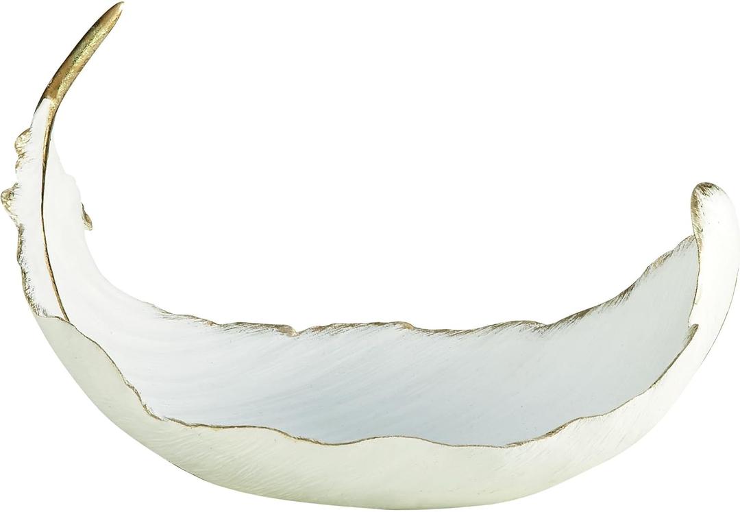 CosmoLiving by Cosmopolitan Polystone Bird Decorative Decorative Bowl Curved Feather Decorative Container with Gold Accents, Decorative Keepsake Box 13" x 8" x 8", White