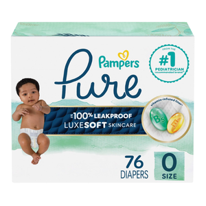 Pampers Pure Baby Diapers, Size 0 (>10 lbs), 76, Up to 100% Leakproof, Premium Hypoallergenic Soft Diapers