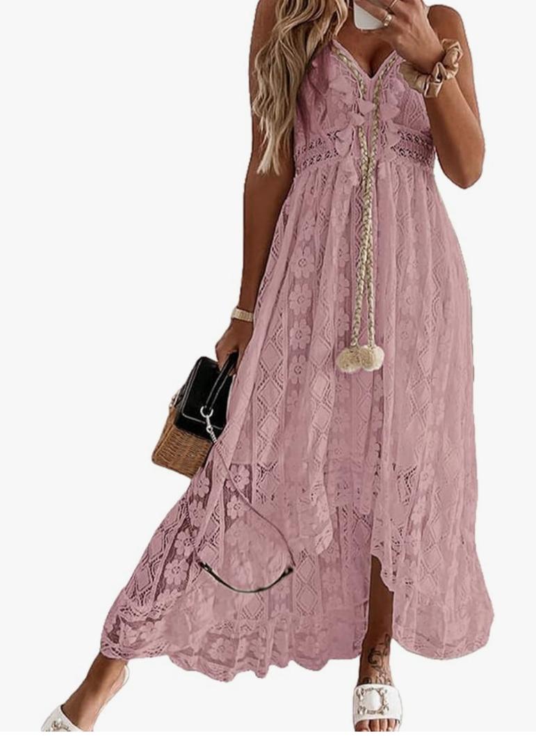 CUPSHE Women's Summer Dresses Sleeveless Lace Casual Tassel Beach Spaghetti Straps Flowy Maxi Sun Dress M