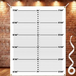 Mugshot Backdrop Photo Booth Banner 4.5 x 5.6 FT, Mug Shot Backdrops with Grommets & Ribbon, Police Lineup Height Chart Photography Background for Bachelorette Party & Costume Events