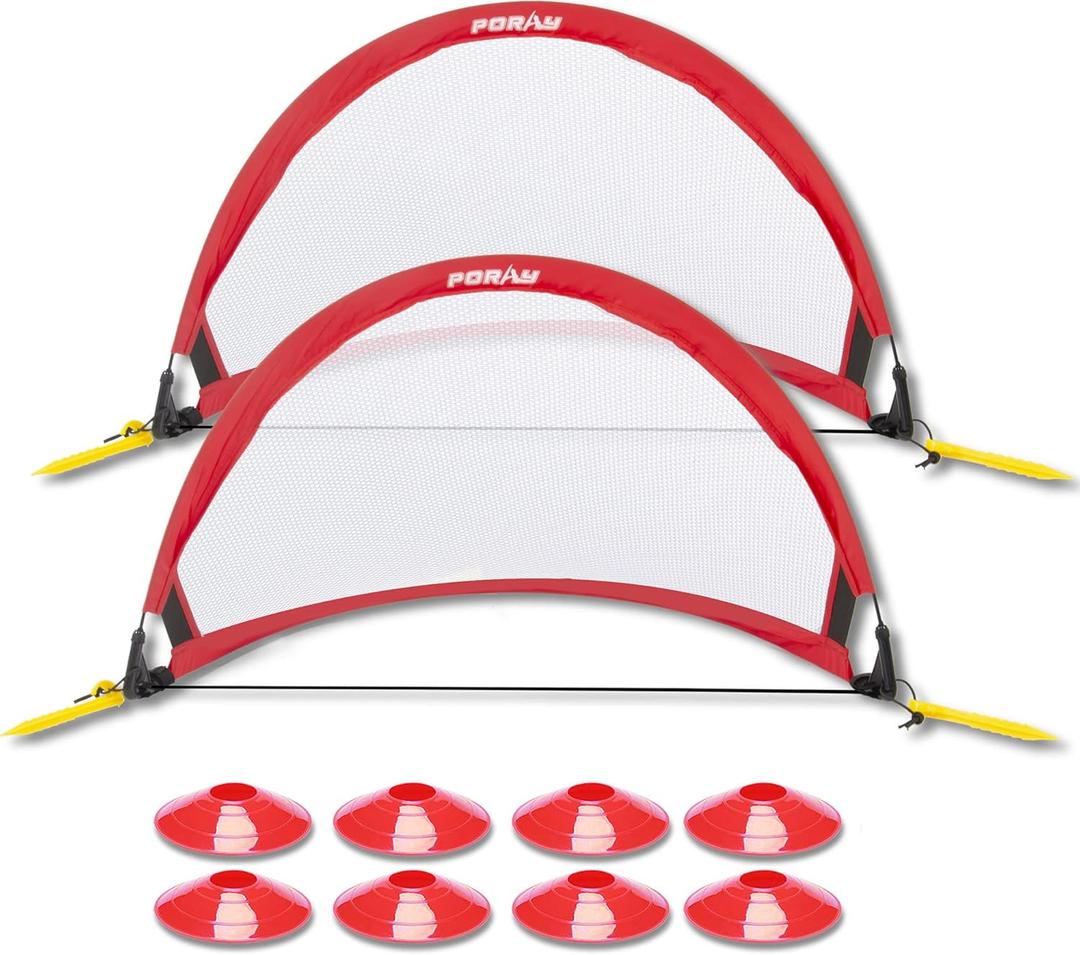 Poray Soccer Goal for Kid Easy-up Set of Two Portable Soccer Net 210D Oxford with 8 Field Marker Cones Extra Stakes Fun for Backyard and Soccer Training (Red)
