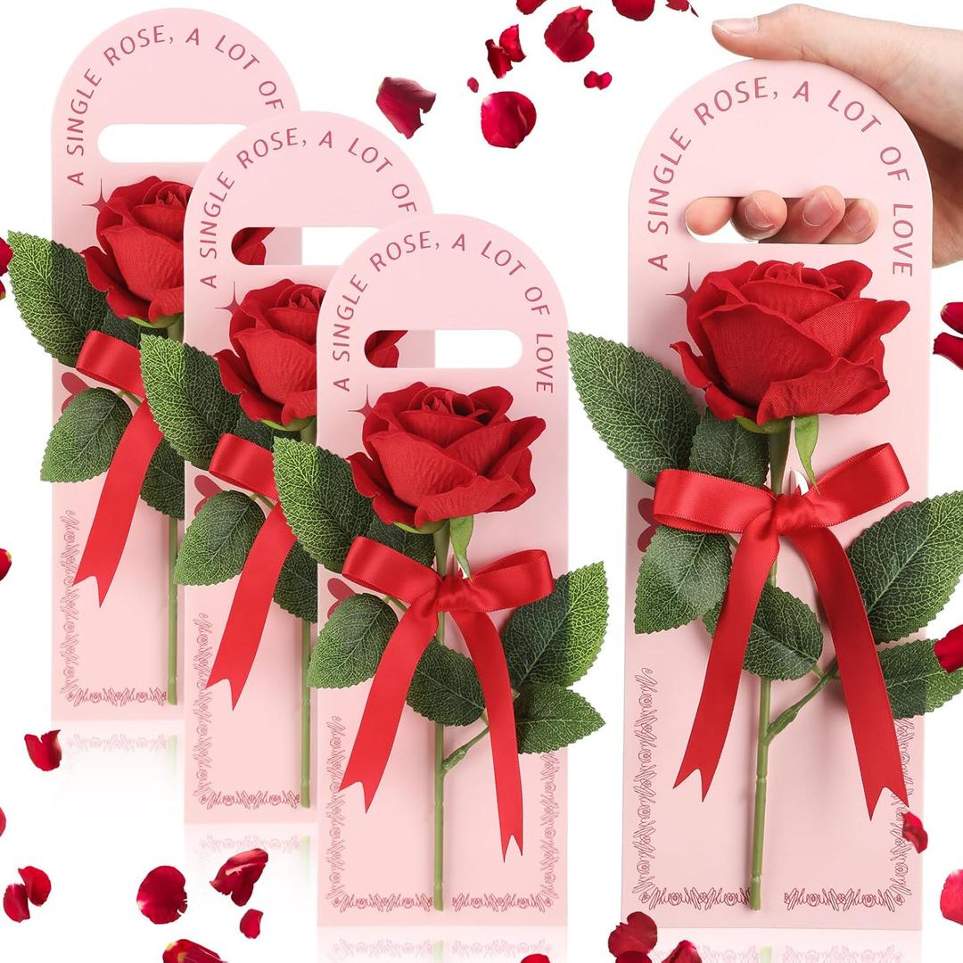 4 Sets Valentine's Day Rose Gift Set for Loved Ones - Artificial Single Rose Bouquets with Handheld Boxes Card, Thoughtful Gift for Girlfriend, Mom, Family, Couples(Red)