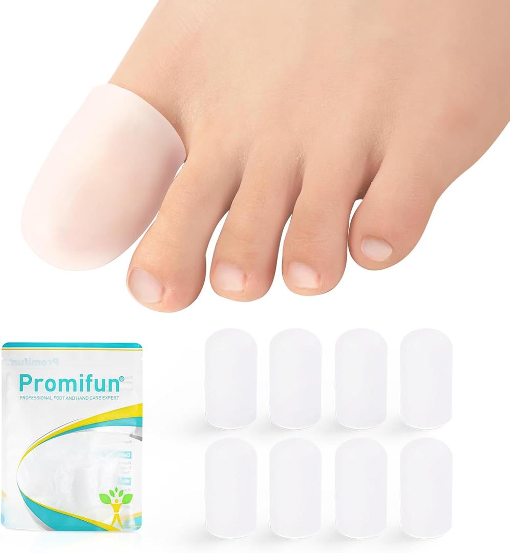 Promifun Silicone Toe Protectors,4 Pairs Soft Gel Toe Protectors for Men & Women-Toe Caps for Foot Pain Relief-Toe Sleeves for Ingrown Toenails, Corns, Calluses, Blisters (Transparent Color+4L)
