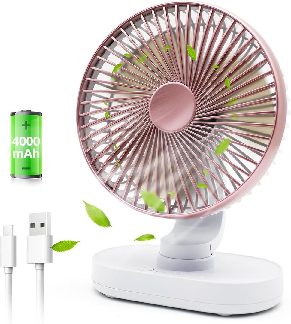 Small Oscillating Fan for Bedroom, 4000mAh Battery Powered Rechargeable Fan, 90° Vertical Manual and 120° Oscillating Desk Fan, 4 Speeds Air Circulator Fans, Quiet Table Fans for Home Office Travel (Rose Gold)
