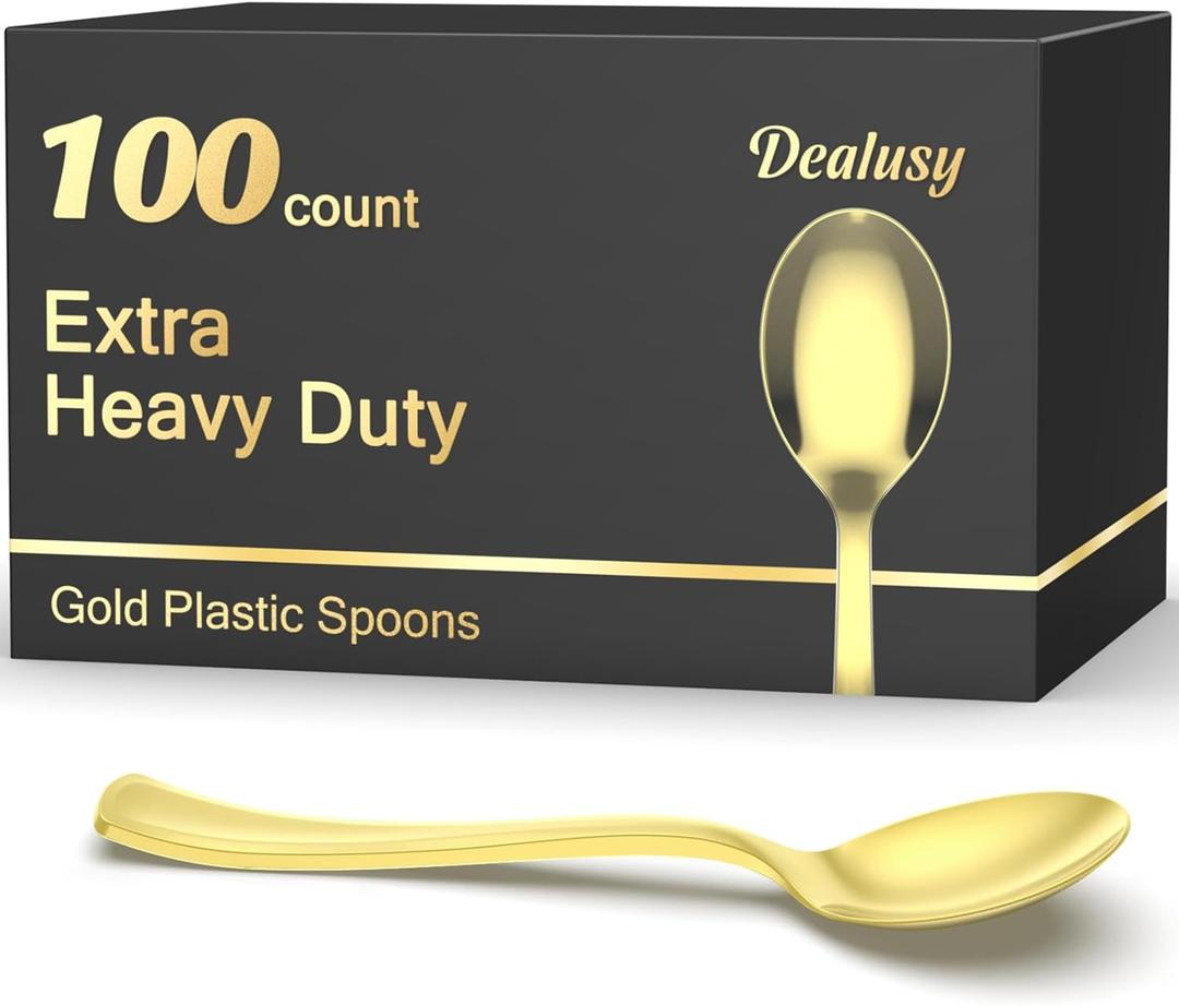 Dealusy 100 Count Heavy Duty Gold Plastic Spoons Disposable, BPA-Free, Heat Resistant, Solid and Durable Premium Plastic Disposable Spoons for Party Supply