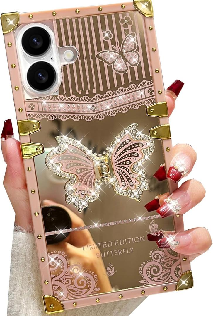 Changjia Glitter Kickstand Case for iPhone 16 Plus,Cute Luxury Bling Sparkly Butterfly with Foldable Stand Elegant Mirror Back Shockproof Protective Case for Women Girls for iPhone 16 Plus 6.7",Pink