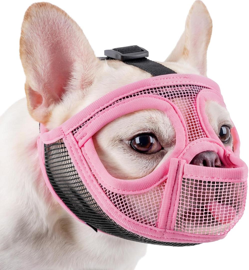 Mayerzon Short Snout Dog Muzzle for French Bulldog with Full Pant Design to Prevent Eating Biting, Soft Mesh Dog Muzzle for Shih Tzu Pug English Bulldog for Grooming Walking, Allow to Drink and Feed (S [Head Cir: 15"-17.5"], Pink)