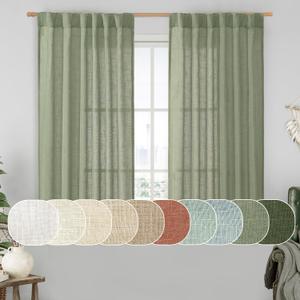 LAMIT Semi Sheer Linen Curtains 45 Inches Long 2 Panels, Sage Green Light Filtering Panels Back Tab and Rod Pocket Neutral Drapes for Kitchen/Window/Bedroom, 52 x 45 Inch (52"W x 45"L (Pack of 2))