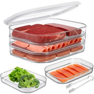Okllen Set of 3 Deli Meat Container for Fridge, Stackable Cold Cuts Storage Containers with Clear Lids & Clip for Deli Meat, Bacon, Cheese & Meal Prep, BPA-Free, 17oz