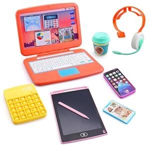Pretend Play Home Office SetToy Kids Laptop,2 Cell Phones,LCD Writing Tablet,Pop Fidget Calculator,Headset & Beverage Cup for Toddlers(Ages 3+)Work Simulation Play