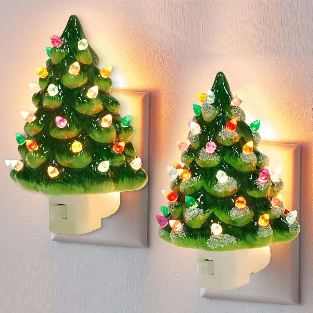 Hausse 1 Pack Christmas Ceramic Tree Night Lights, Decorative Xmas Tree Nightlight with Lamp, Multicolor Bulbs & 360 Degree Swivel Plug with ON/Off Switch for Home Bathroom Bedroom Decor