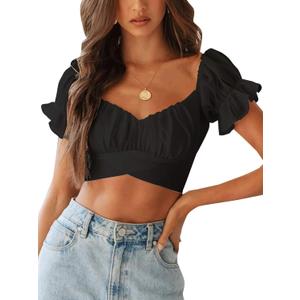 LYANER Women's Ruffle Short Sleeve Tie Up Back Crop Top Off Shoulder Bardot Blouse (Black) S