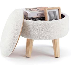 DUMOS Round Storage Ottoman Foot Rest, Compact Boucle Upholstered Footstool with Hidden Storage, Padded Seat, Small Coffee Table for Living Room, Bedroom, Beige