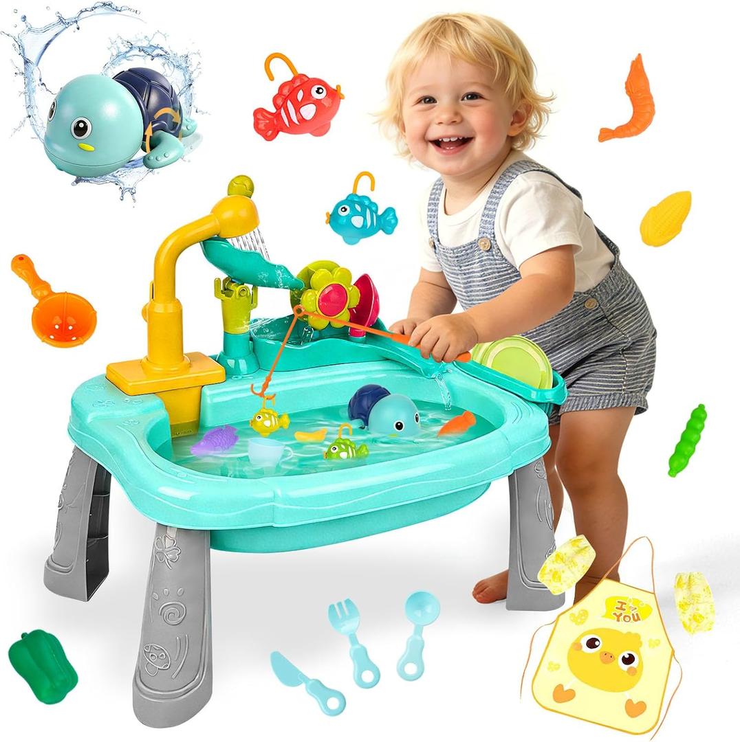 Mini Water Table for Toddler 1-3, Kids Play Sink with Running Water, Outdoor Toys for Kids Ages 4-8 with 360 Electric Faucet, Floating Fishing Game, Sensory Activity Kitchen Toy for Boys Girls